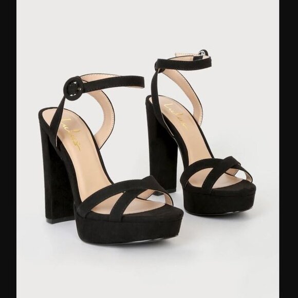 NWOT Lulus Archyy Black Suede Platform Ankle Strap Sandals - Picture 2 of 4